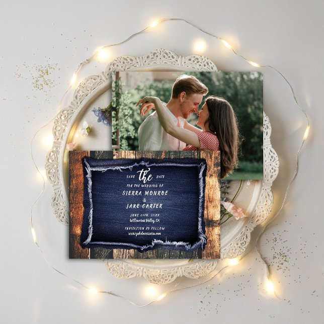 Invitation Rustic Wood Denim Mariage photo Décontracté Date d (rustic wedding save the date barn wood denim ranch country western hand written blue white brown)