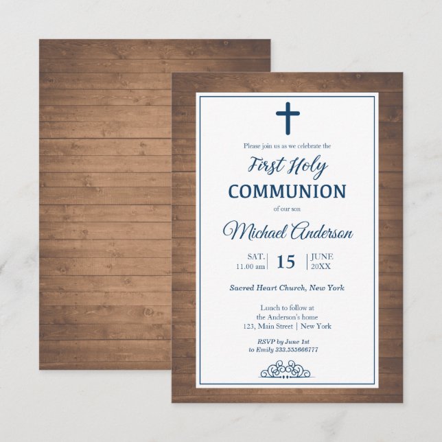 Invitation Rustic Wood First Communion Événement religieux (Devant / Derrière)