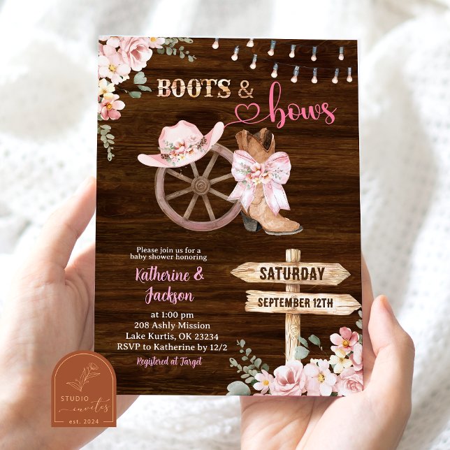 Invitation Rustic Wood Floral Boots and Bows Baby Shower (Créateur téléchargé)