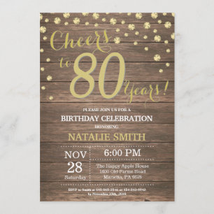 Invitation Rustic Wood Gold 80th Birthday Diamond