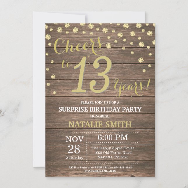 Invitation Rustic Wood Gold Surprise 13e Anniversaire Diamond (Devant)