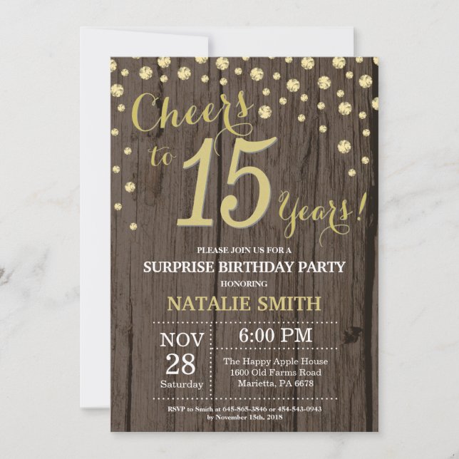 Invitation Rustic Wood Gold Surprise 15e Anniversaire Diamond (Devant)