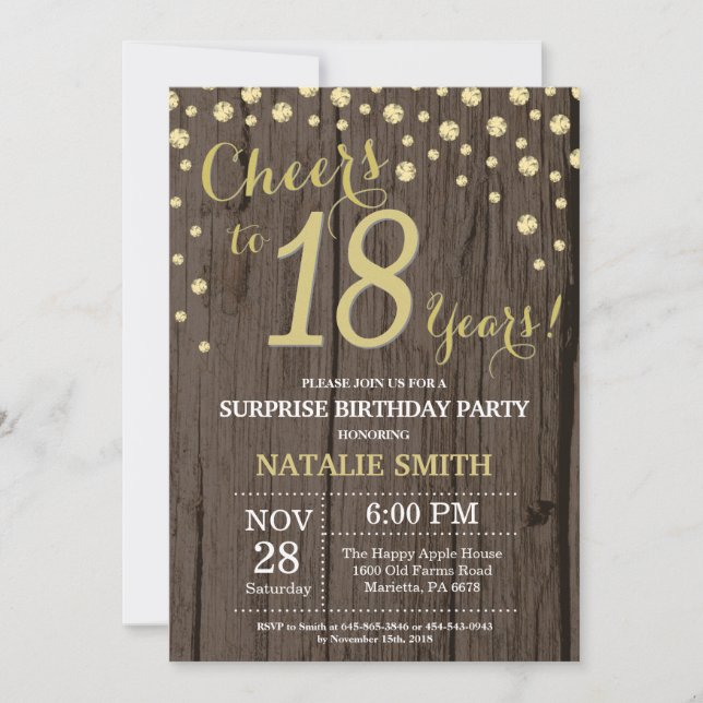 Invitation Rustic Wood Gold Surprise 18e Anniversaire Diamond (Devant)
