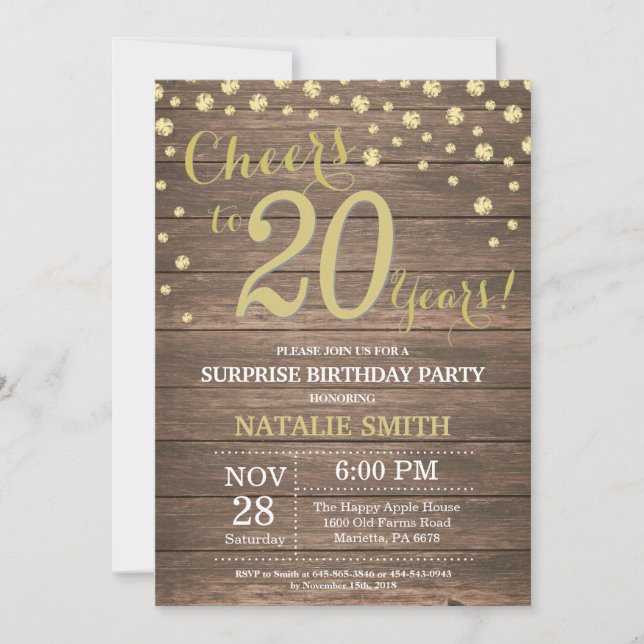 Invitation Rustic Wood Gold Surprise 20e Anniversaire Diamond (Devant)