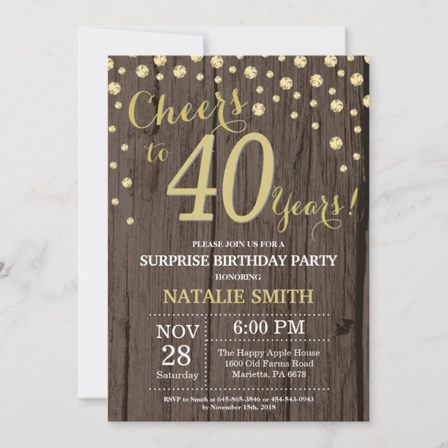 Invitation Rustic Wood Gold Surprise 40e Anniversaire Diamond (Devant)