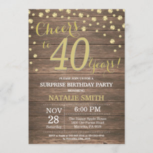 Invitation Rustic Wood Gold Surprise 40e Anniversaire Diamond