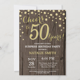 Invitation Rustic Wood Gold Surprise 50e Anniversaire Diamond