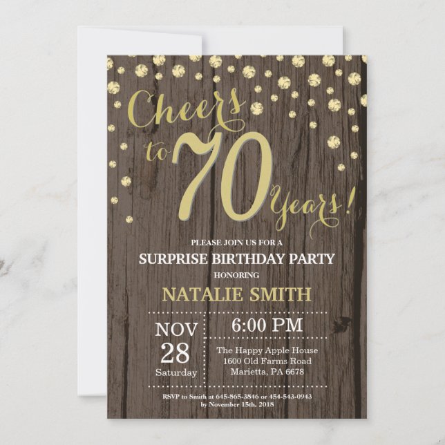 Invitation Rustic Wood Gold Surprise 70e Anniversaire Diamond (Devant)