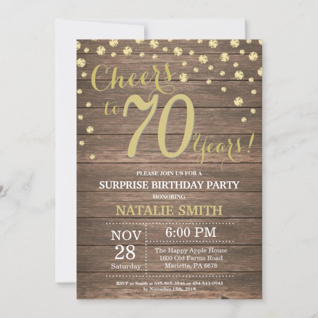 Invitation Rustic Wood Gold Surprise 70e Anniversaire Diamond (Devant)