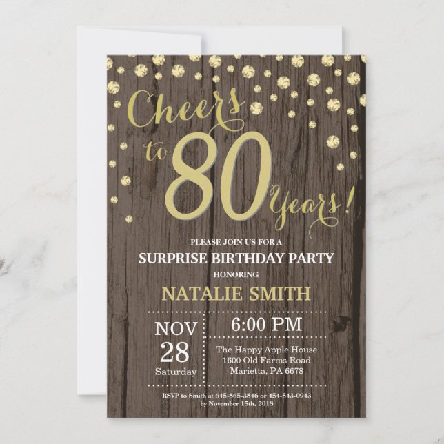 Invitation Rustic Wood Gold Surprise 80e Anniversaire Diamond (Devant)