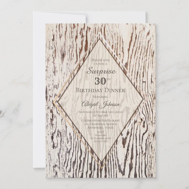 Invitation Rustic Wood Grain Surprise 30e anniversaire Dîner (Devant)
