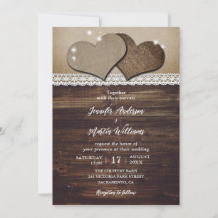 Invitation Rustic Wood Hearts Burlap et Mariage de dentelle