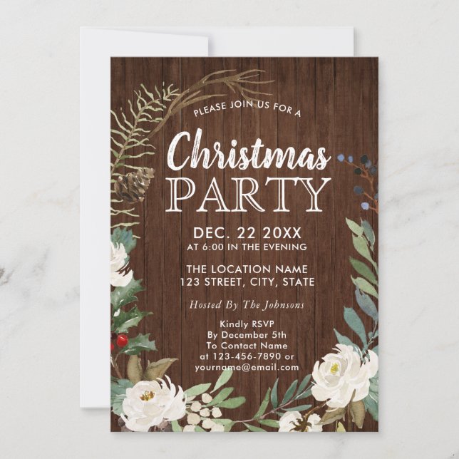 Invitation Rustic Wood Holiday Wreath Christmas Party (Devant)