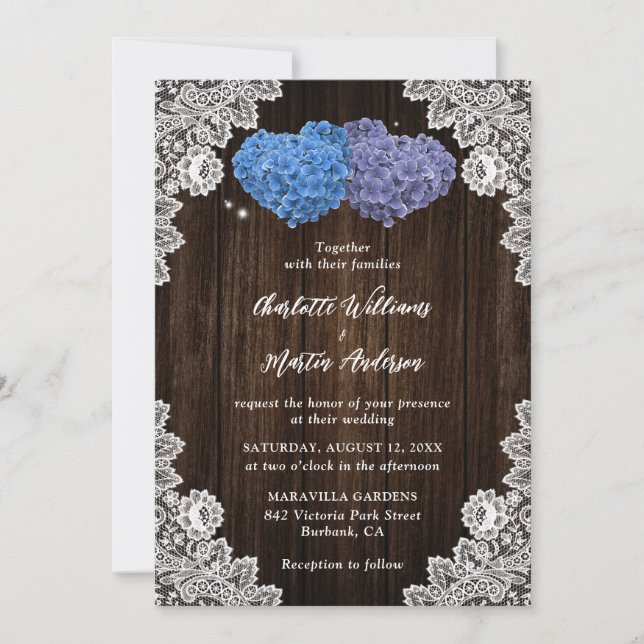 Invitation Rustic Wood Lace Purple and Blue Floral Wedding (Devant)