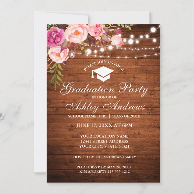 Invitation Rustic Wood Lights Pink Graduation Party Invitatio (Devant)