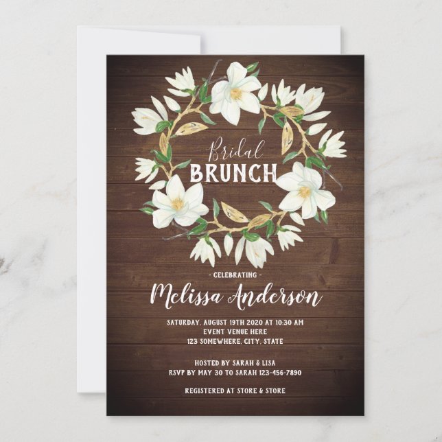 Invitation Rustic Wood Magnolia Bridal Brunch Douche (Devant)