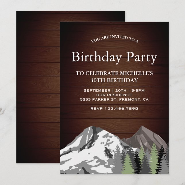 Invitation Rustic Wood Mountain Forest fête d'anniversaire (Devant / Derrière)