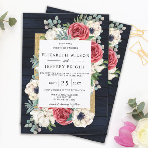 Invitation Rustic Wood Navy Burgundy Gold Floral Mariage