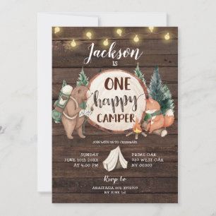 Invitation Rustic Wood One Happy Camper Camping Anniversaire