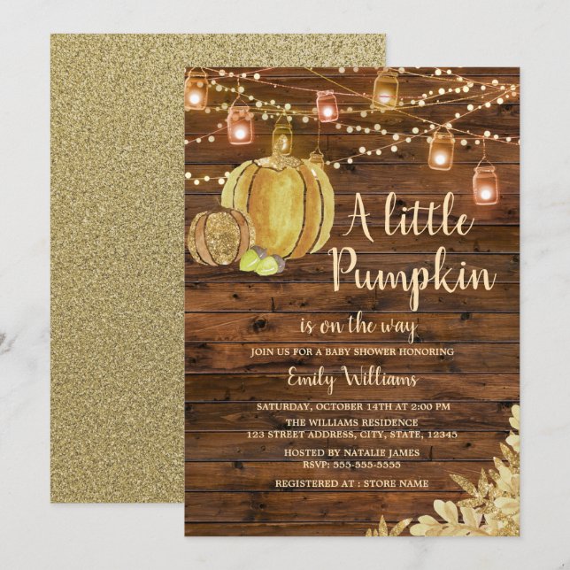 Invitation Rustic Wood Petit Citrouille Baby shower d'automne (Devant / Derrière)