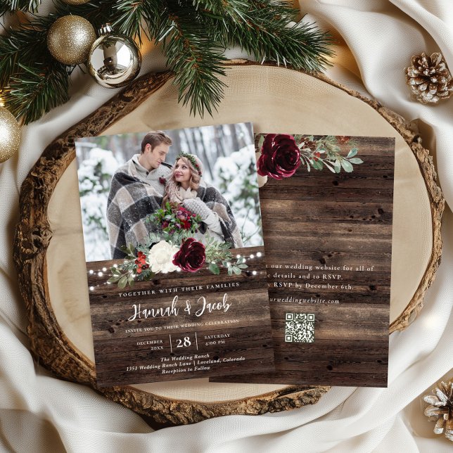 Invitation Rustic Wood QR Code Photo Mariage de Noël (Créateur téléchargé)