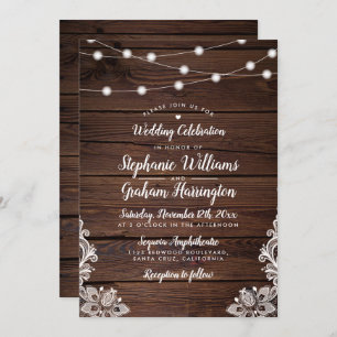 Invitation Rustic Wood Script String Lights & Lace Wedding