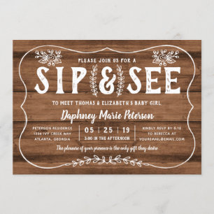 Invitation Rustic Wood Sip et voir l'invitation Baby shower