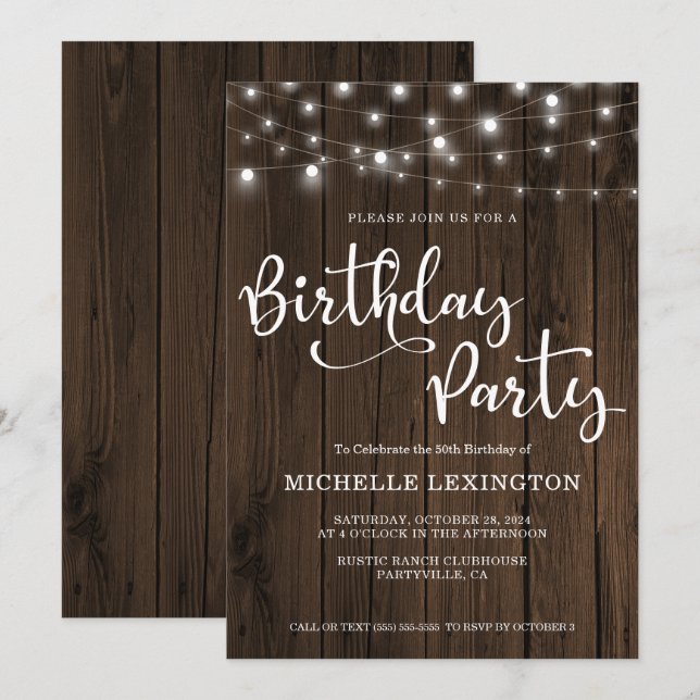 Invitation Rustic Wood String éclaire 50e fête d'anniversaire (Devant / Derrière)