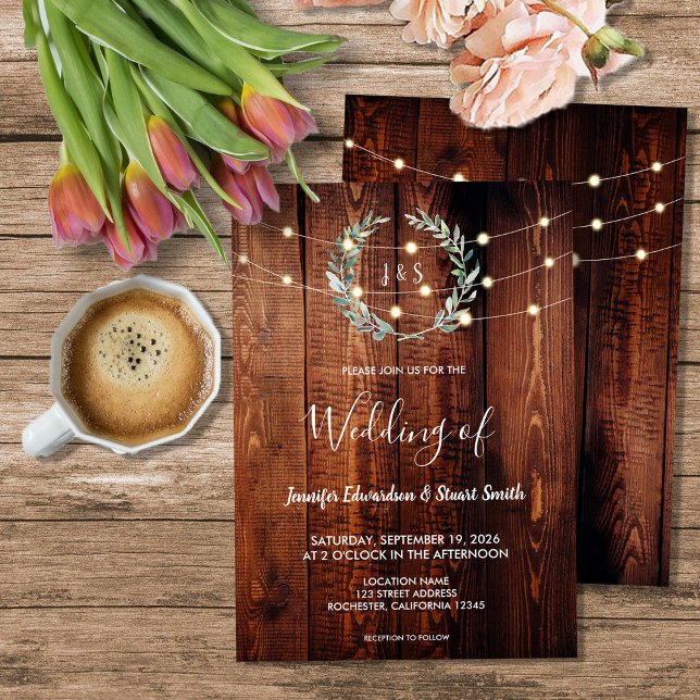 Invitation Rustic wood string lights monogram country Wedding (Rustic wood string lights monogram country Wedding Invitation. For your rustic country wedding.)
