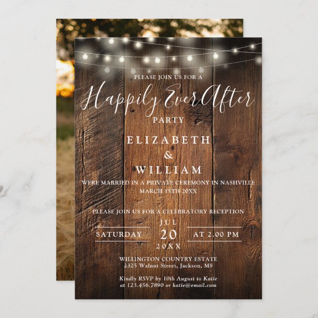Invitation Rustic Wood String Lights Photo Wedding Reception (Devant / Derrière)