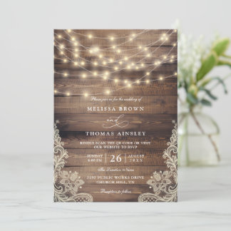 Invitation Rustic Wood String Lights Vintage QR Code Wedding