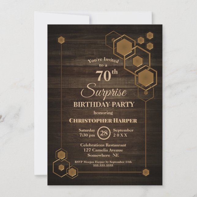 Invitation Rustic Wood Surprise 70e anniversaire fête (Devant)