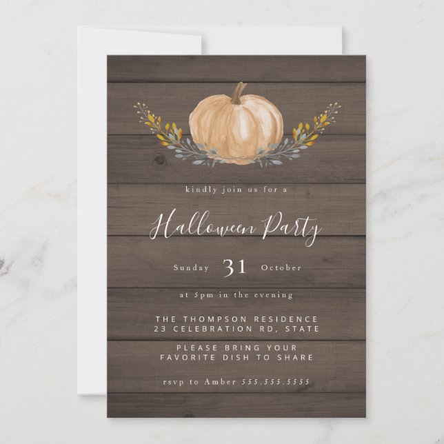 Invitation Rustic Wood Watercolor Citrouille Halloween Party (Devant)