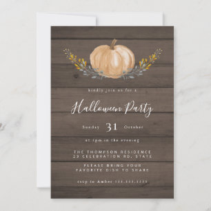 Invitation Rustic Wood Watercolor Citrouille Halloween Party