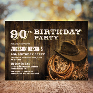 Invitation Rustic Wood Western 90e fête d'anniversaire