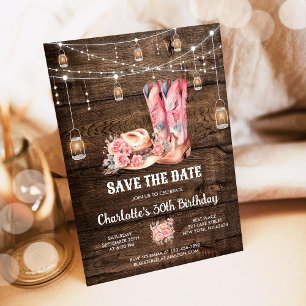 Invitation Rustic Wood Western Enregistrer la date Cowgirl An