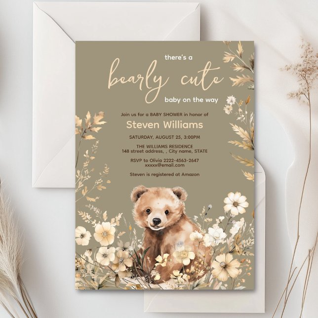 Invitation Rustic Woodland Bear Baby shower neutre du genre (Cute watercolor forest bear with rustic beige flowers baby shower invitation)