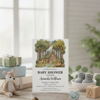 Invitation Rustic Woodland Cabin Forest Animals Baby Shower