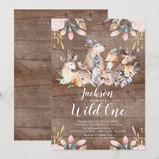 Invitation Rustic Woodland Friends Wild One Birthday Party (Devant / Derrière)