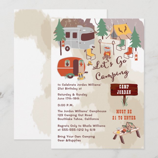 Invitation Rustic Woodsy laisse aller Camping Fête du 21e ann (Devant / Derrière)