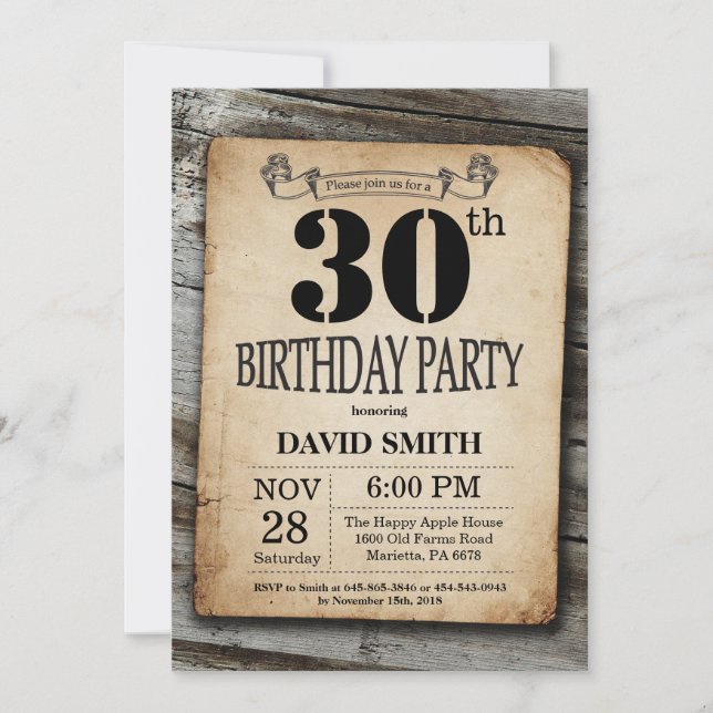 Invitation Rustique 30e anniversaire Bois Vintage (Devant)