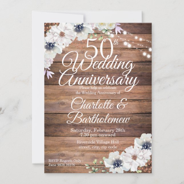 Invitation Rustique 50e anniversaire de Mariage Floral (Devant)