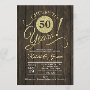 Invitation Rustique 50e anniversaire de mariage or avec bois