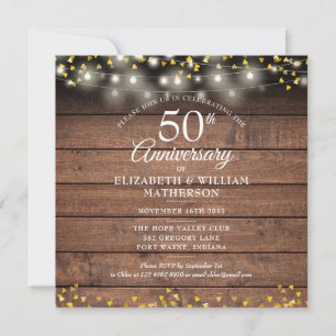 Invitation Rustique 50e Anniversaire Gold Hearts lumières à c