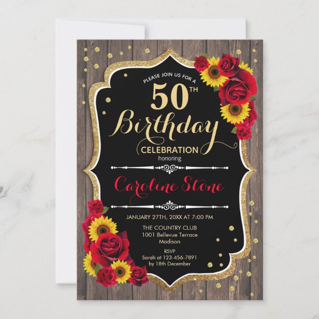Invitation Rustique 50e anniversaire - Sunflowers Rose Wood (Devant)