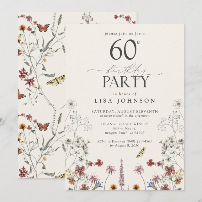 Invitation Rustique 60e anniversaire Fleur sauvage Jardin de  (Devant / Derrière)
