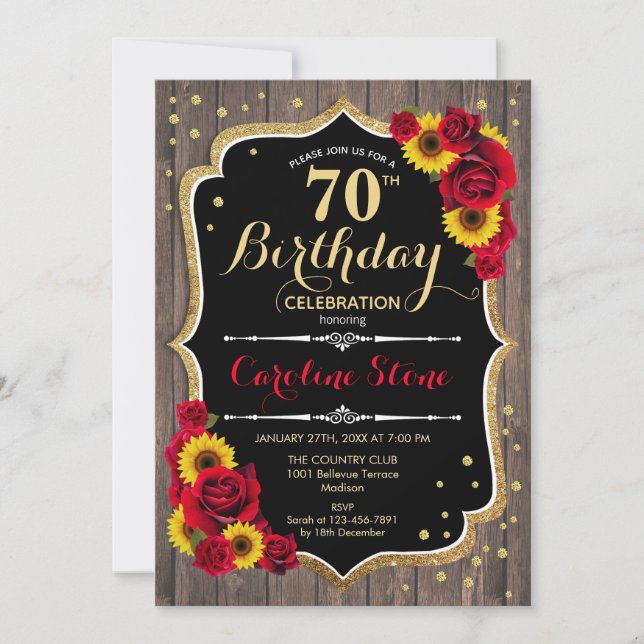 Invitation Rustique 70e anniversaire - Sunflowers Rose Wood (Devant)