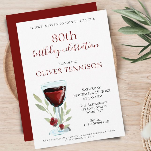 Invitation Rustique 80e anniversaire Red Wine Surprise Party (Créateur téléchargé)