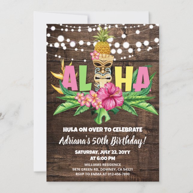 Invitation Rustique Aloha Luau Hawaiian Anniversaire (Devant)