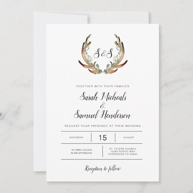Invitation Rustique Antler & Dark Greenery Mariage aquarelle (Devant)